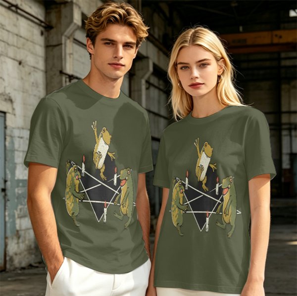 Olive T-Shirt With Frog Pentagram Ritual Graphic Print