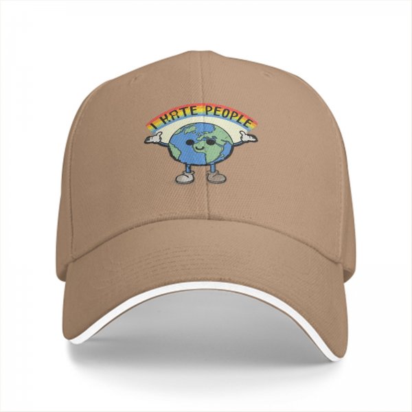 Black baseball cap with cartoon Earth graphic and 'I HATE PEOPLE' text