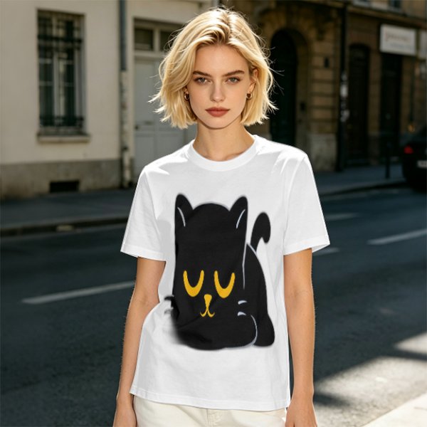 Olive T-Shirt with Relaxed Black Cat Graphic Design