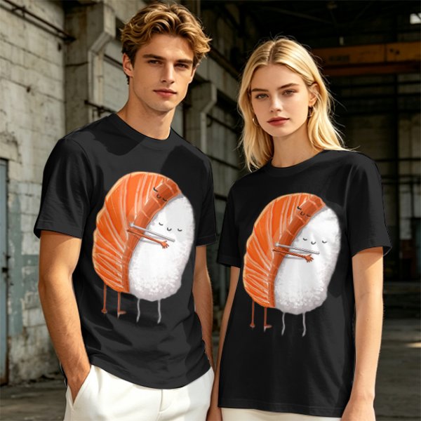 Olive T-shirt with Cute Hugging Salmon Sushi and Rice Print