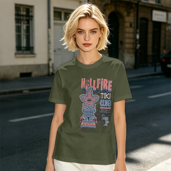 Olive T-Shirt with Hellfire Tiki Club Tiki Totem Graphic Print
