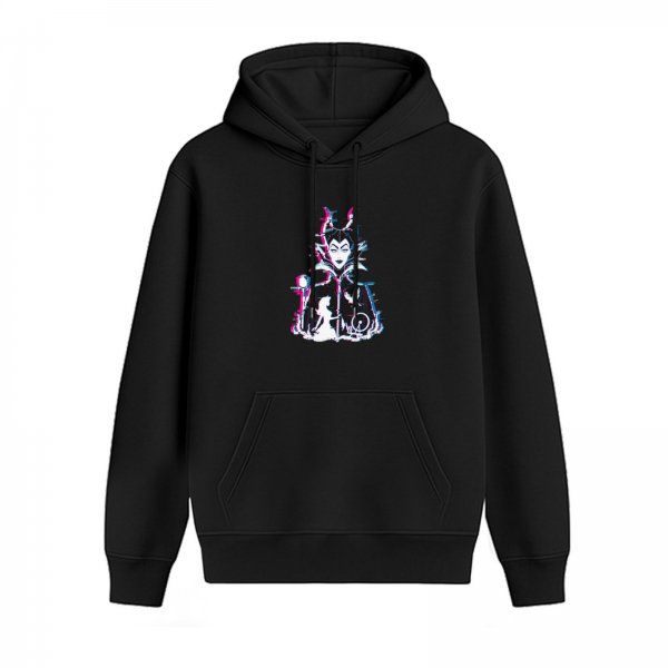 Black hoodie with glitch-style Maleficent graphic print