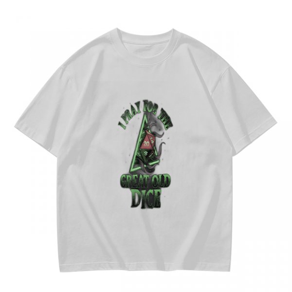 Olive t-shirt with 'Pray for the Great Old Dice' cosmic horror print