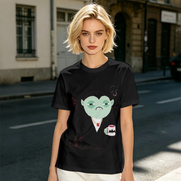 Olive T-Shirt With Tired Vampire Holding Bat Mug Graphic