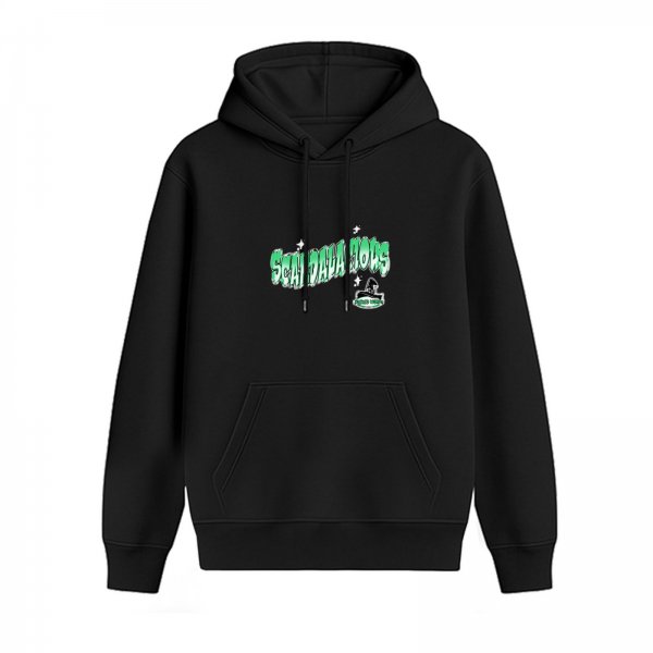 Black graphic hoodie with green stylized text and witch hat print