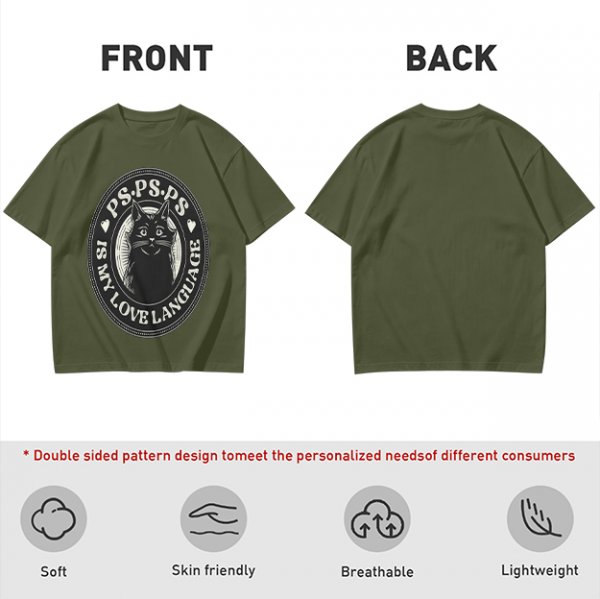 Olive cat graphic t-shirt with 'PS PS PS is my love language' print