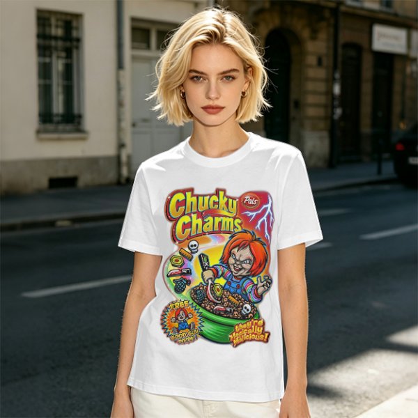 Chucky Charms Horror Cereal Themed Graphic T-Shirt