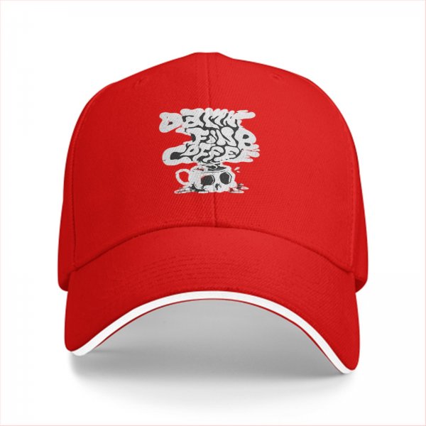 Black baseball cap with drink fine coffee skull cup graphic