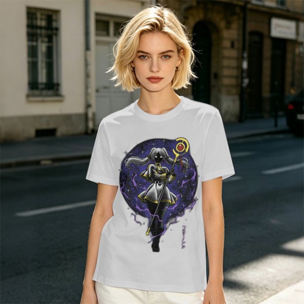 Olive T-shirt with dark anime elf mage holding staff and purple magic circle print