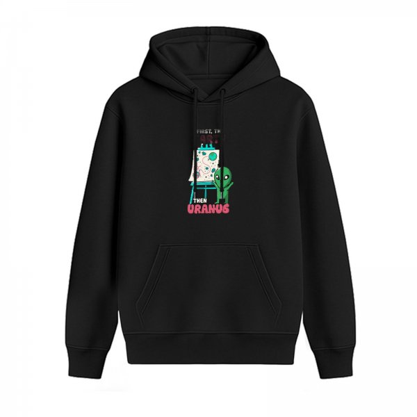 Black hoodie with alien painting 'First the Art Then Uranus' graphic