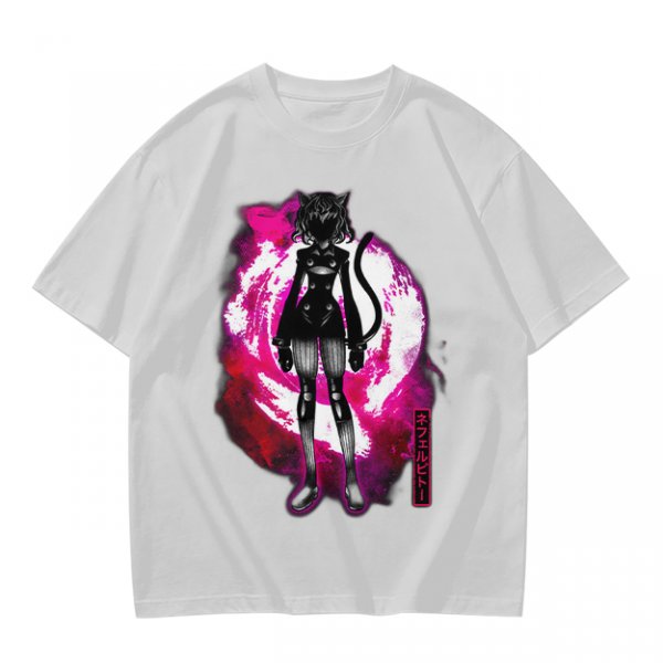 Olive anime cat character graphic t-shirt with pink abstract background