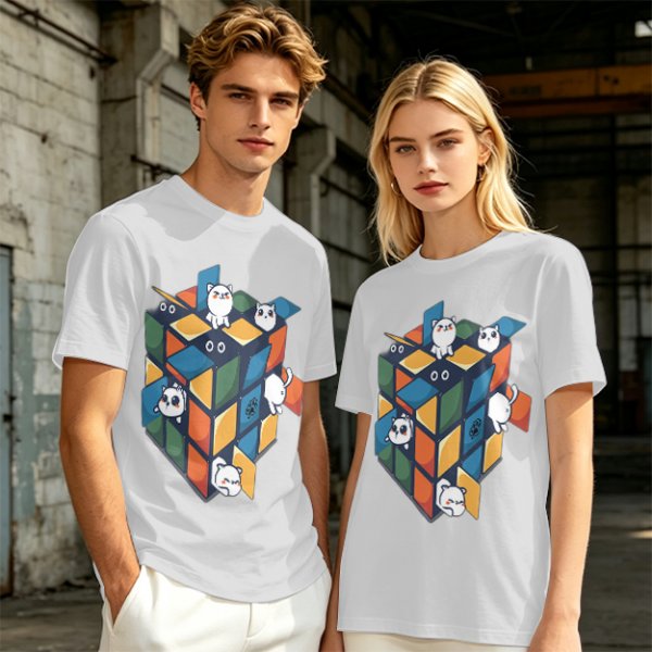 Olive T-Shirt With Cute Cats On A Rubik's Cube Graphic