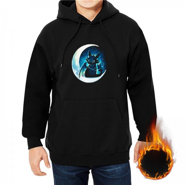 Black Hoodie With Toothless Dragon On Crescent Moon Graphic