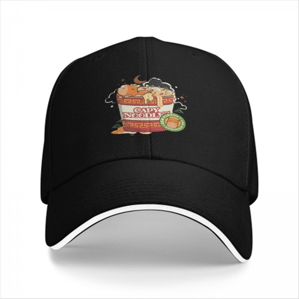 Black baseball cap with capybara in ramen cup graphic