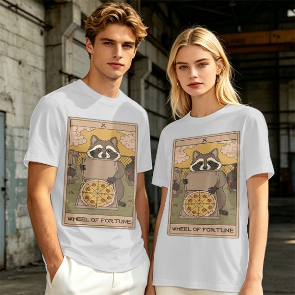 Raccoon Wheel of Fortune Tarot Pizza T-Shirt