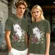 Olive T-Shirt Featuring Cute Fantasy Creature and Floral Art