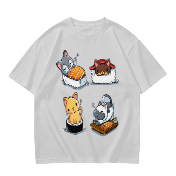 Olive T-shirt with cute cat sushi illustrations