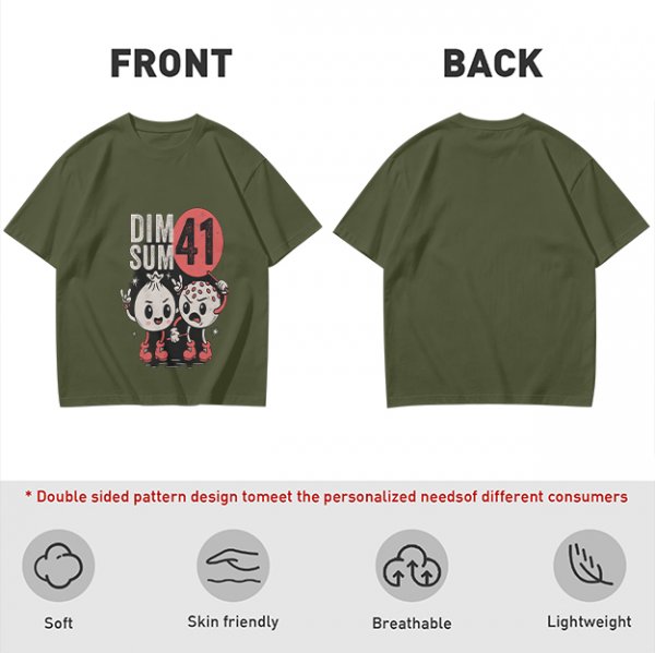 Olive Graphic T-Shirt with Dim Sum 41 Cartoon Characters