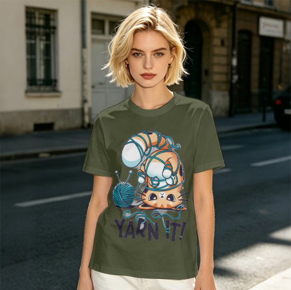 Olive T-shirt with Tangled Orange Cat Yarn It Print