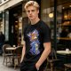 Olive green t-shirt with cartoon characters in cosplay graphic