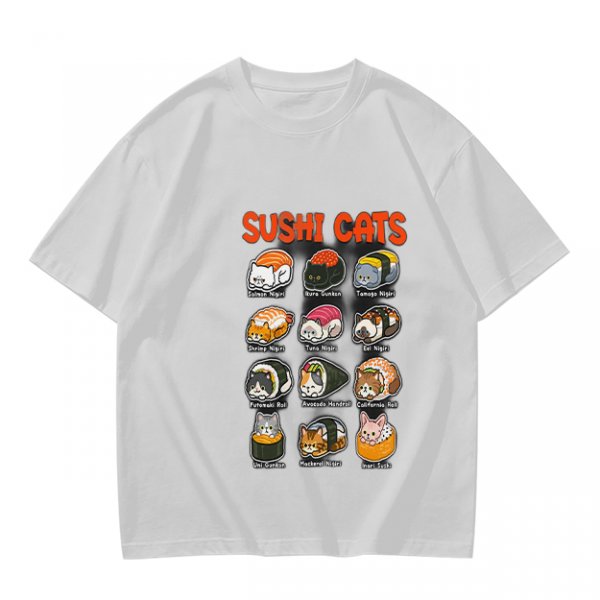 Olive T-Shirt With Sushi Cats Graphic Print