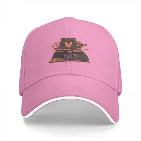 Black baseball cap with a bear holding a steaming coffee mug print