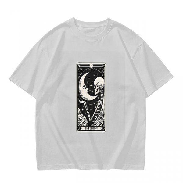 Olive t-shirt with The Moon tarot card skeleton and crescent moon print