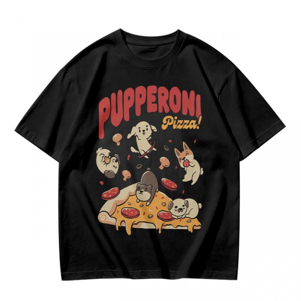 Olive green graphic t-shirt with playful pupperoni pizza dog design