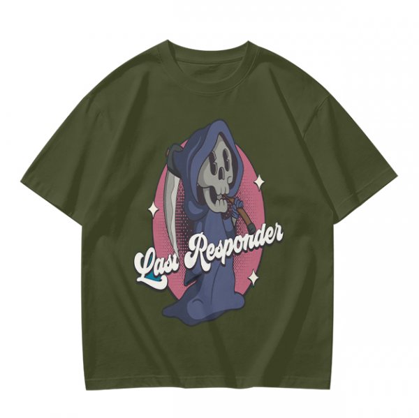 Olive T-Shirt with Cartoon Grim Reaper 'Last Responder' Print