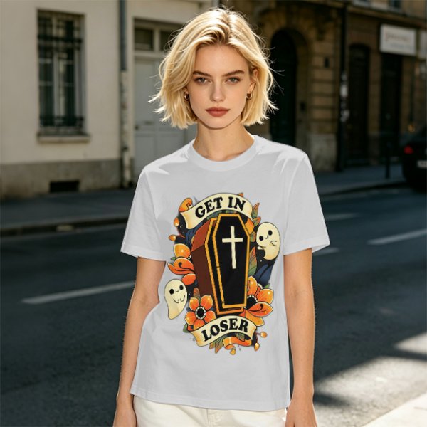 Olive Halloween T-Shirt with Get In Loser Coffin Ghost Floral Art