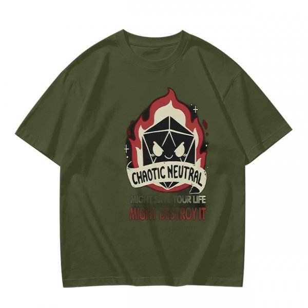 Chaotic Neutral D20 Fire Graphic T-Shirt For Tabletop RPG Fans