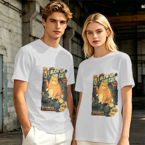 Olive t-shirt with vintage comic style 'I Blew Up The Cat!' print