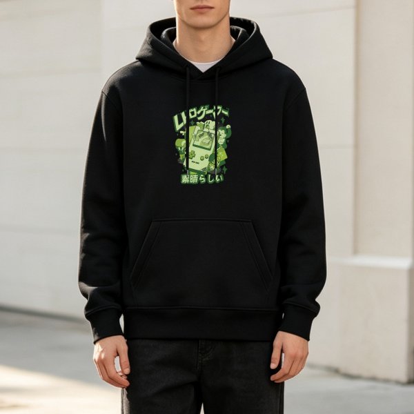 Black Hoodie with Retro Handheld Game Console and Japanese Graphic Print