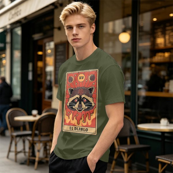 Olive T-Shirt With Raccoon El Diablo Tarot Card Print