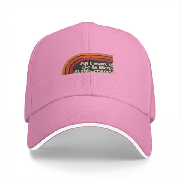 Black baseball cap with retro rainbow and 'All I want to do is illegal in this cosmos' text