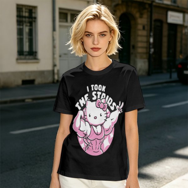 Olive t-shirt with muscular Hello Kitty graphic and 'I Took The Stairs' text