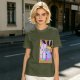 Olive green t-shirt with three-eyed cat couch killer tarot-style graphic