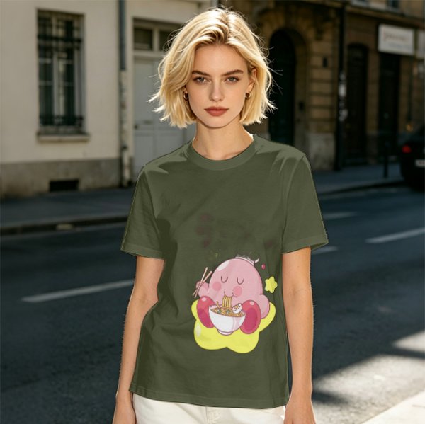 Olive T-shirt Featuring Kirby Eating Ramen on a Warp Star