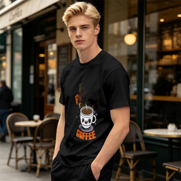 Olive Green T-Shirt With Cute Coffee Cup Graphic and Problem Solution Text