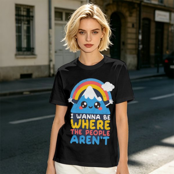 Olive graphic tee with cute mountain rainbow and 'I Wanna Be Where The People Aren't' text