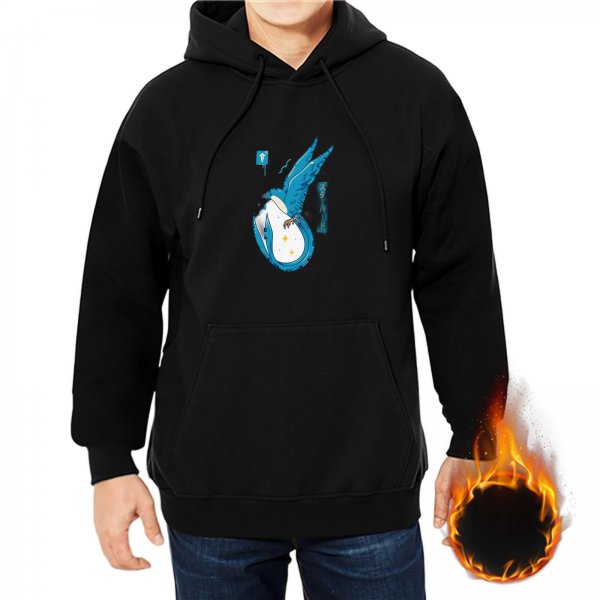 Black hoodie with blue winged celestial egg graphic print