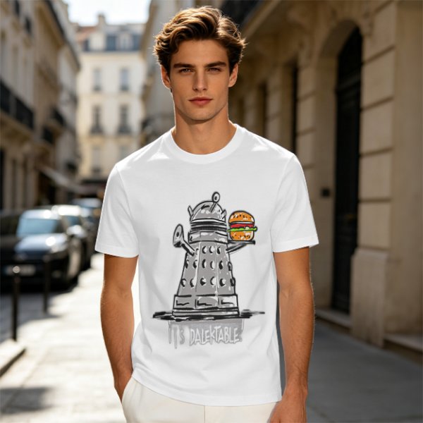 Olive t-shirt with Dalek holding burger and 'It's Dalektable' print