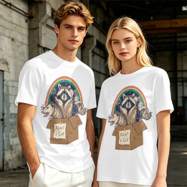 Olive T-Shirt With Raccoon Opossum Adopt A Cat Rainbow Print
