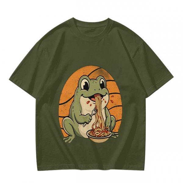 Olive Green T-Shirt Featuring a Frog Eating Spaghetti Graphic