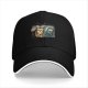 Black baseball cap with retro grumpy tabby cat and old mobile print