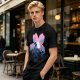 Olive T-Shirt with Sakura Flower and Whimsical Forest Creature Print