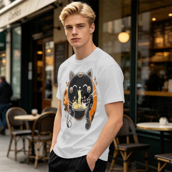 Olive T-Shirt Featuring Black Maneki-neko Cat Eating Ramen