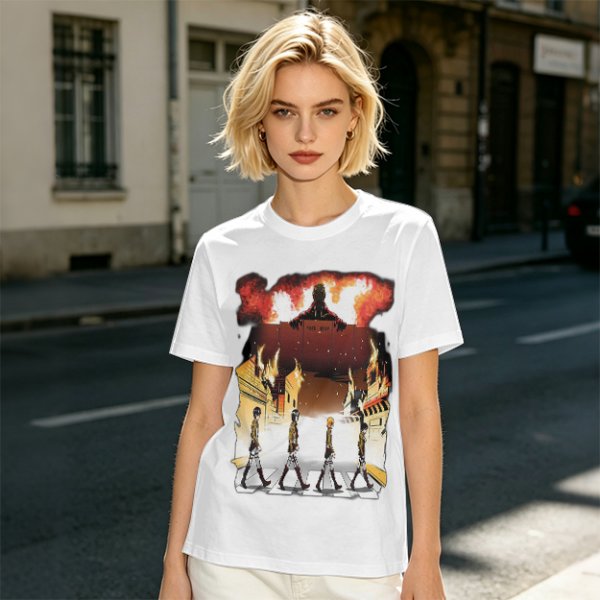 Olive T-Shirt With Anime Characters Crossing Burning Street Print