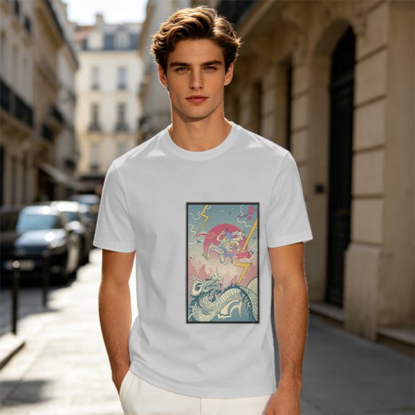 Olive T-shirt with Japanese style dragon and lightning graphic print
