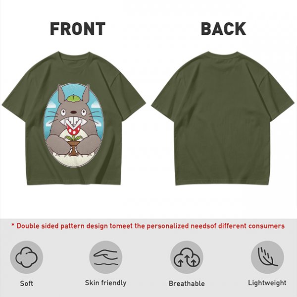 Olive Green T-Shirt with Totoro Holding Piranha Plant Print
